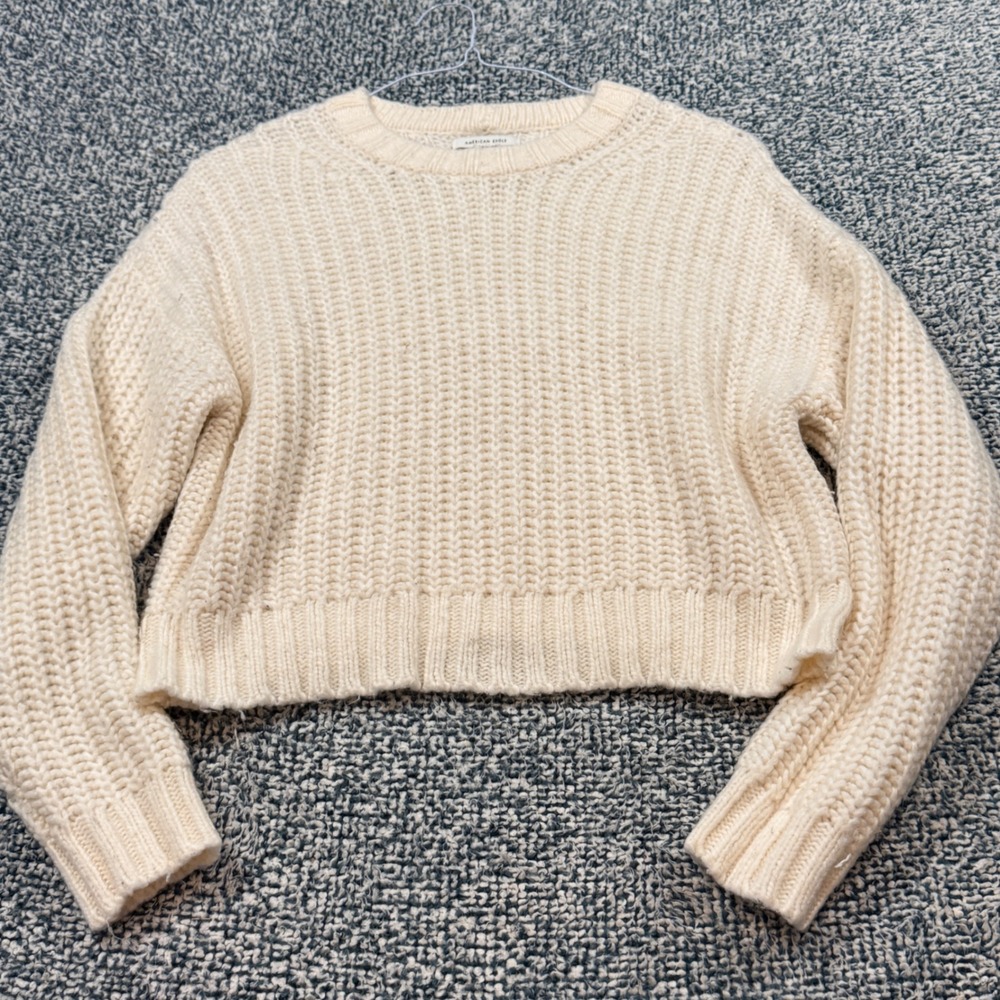 American Eagle Womens Cream Chunky Knit Cropped Pullover Sweater Small Ivory